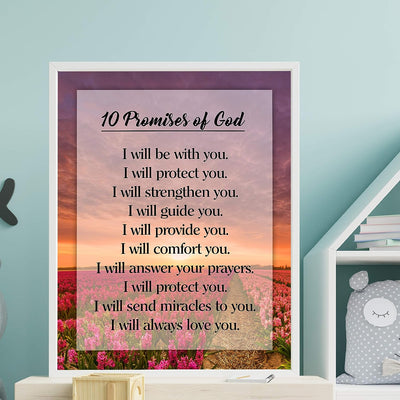 10 Promises of God Motivational Christian Wall Art -11 x 14" Floral Sunrise Print-Ready to Frame. Typographic Design. Inspirational Home-Office-Church-School Decor. Great Religious Gift of Faith!