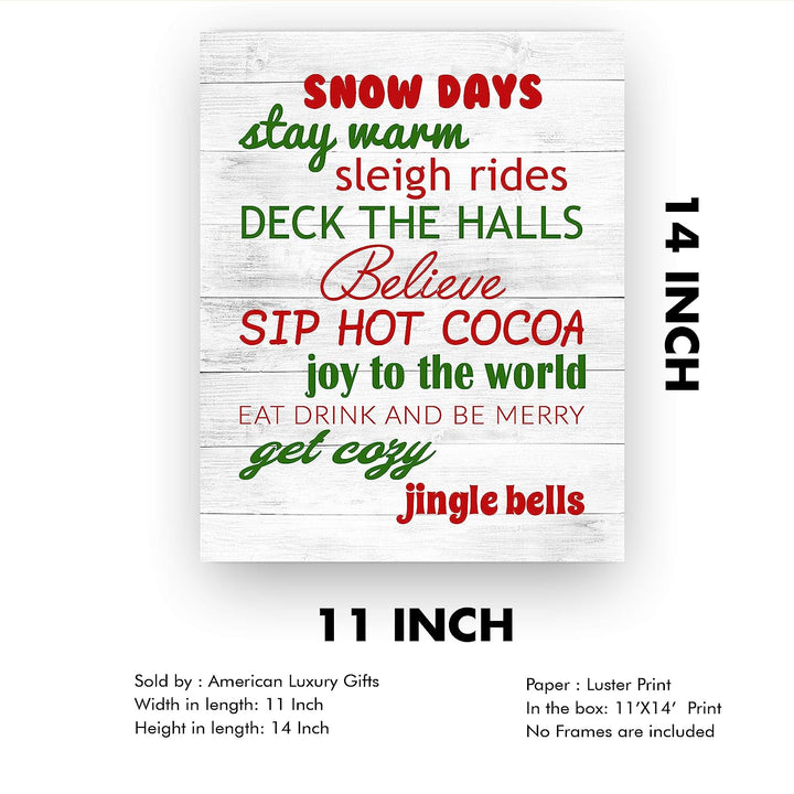Snow Days-Sleigh Rides-Deck the Halls Rustic Holiday Sign-11 x 14" Festive Christmas Wall Art Print w/Replica Wood Design-Ready to Frame. Typographic Home-Farmhouse-Welcome Decor. Printed on Paper.