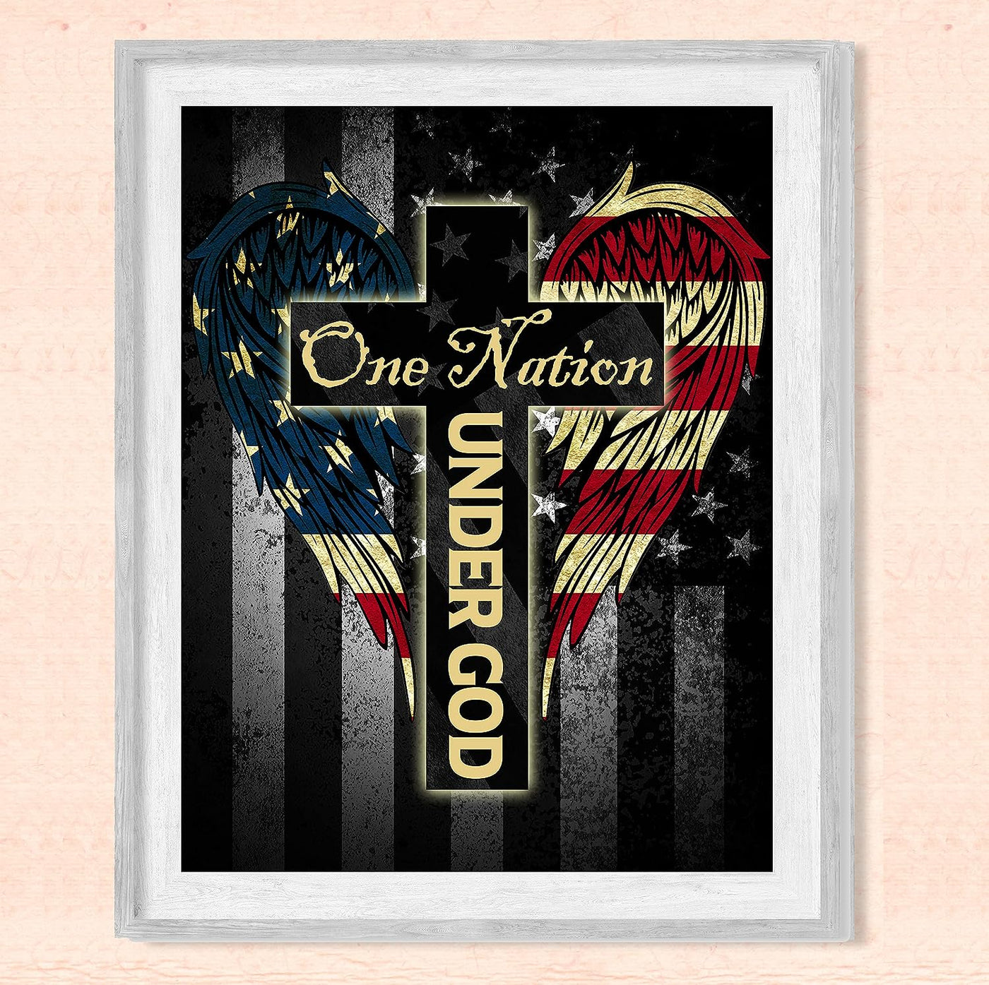 One Nation Under God- Patriotic American Flag Wall Art -8 x 10" Cross with Angel Wings Wall Decor Print -Ready To Frame. Christian Home-Office-Garage-Bar Decor. Show Your Love of God and USA!