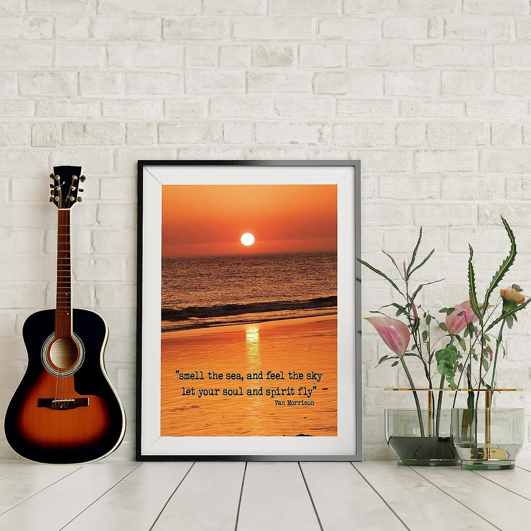 Smell the Sea and Feel the Sky-Van Morrison Song Lyrics -Beach Sunset Photo -8 x 10" Rock Music Wall Art Print -Ready to Frame. Home-Studio-Bar-Cave-Ocean Themed Decor. Great Gift for Fans!