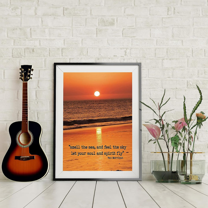 Smell the Sea and Feel the Sky-Van Morrison Song Lyrics -Beach Sunset Photo -8 x 10" Rock Music Wall Art Print -Ready to Frame. Home-Studio-Bar-Cave-Ocean Themed Decor. Great Gift for Fans!