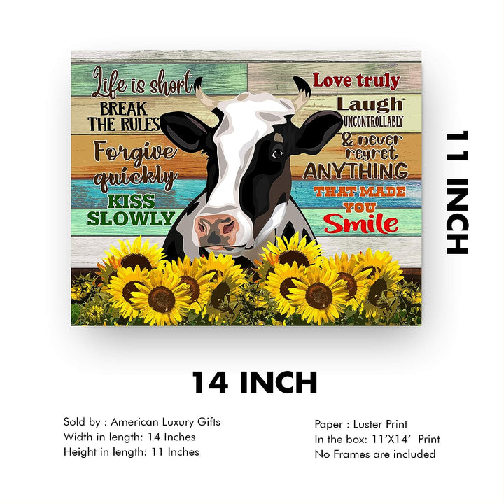 Life Is Short-Break the Rules-Inspirational Cow Wall Art-14 x 11" Rustic Farmhouse Print w/Wood Design &amp; Sunflower Images-Ready to Frame. Country Decor for Home-Dining Room. Printed on Photo Paper.