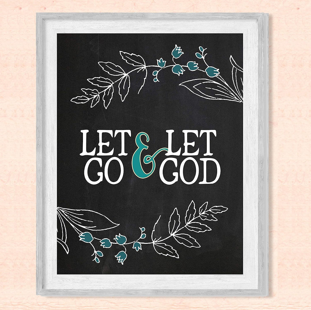 Let Go &amp; Let God Inspirational Quotes Wall Art-8x10" Floral Christian Poster Print-Ready to Frame. Modern Typographic Design. Positive Home-Office-Church Decor. Great Religious Gift! Have Faith!