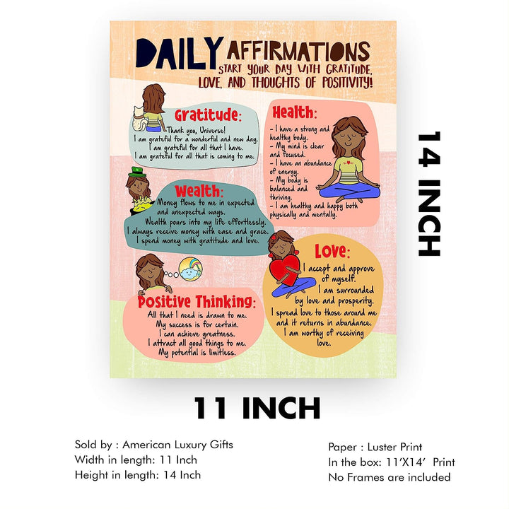 Daily Affirmations to Start Your Day Motivational Quotes Wall Decor -11 x 14" Typographic Art Print-Ready to Frame. Inspirational Home-Office-Studio-School-Zen Decor. Positive Sign for Mindfulness!