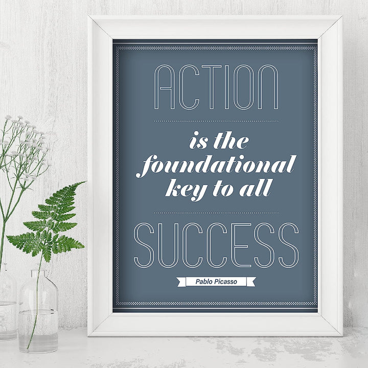Pablo Picasso Quotes-"Action Is the Foundational Key to All Success" Motivational Wall Art-8 x 10" Modern Typographic Print-Ready to Frame. Inspirational Decor for Home-Office-Work-Gym-School Decor!