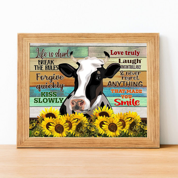 Life Is Short-Break the Rules-Inspirational Cow Wall Art-14 x 11" Rustic Farmhouse Print w/Wood Design &amp; Sunflower Images-Ready to Frame. Country Decor for Home-Dining Room. Printed on Photo Paper.