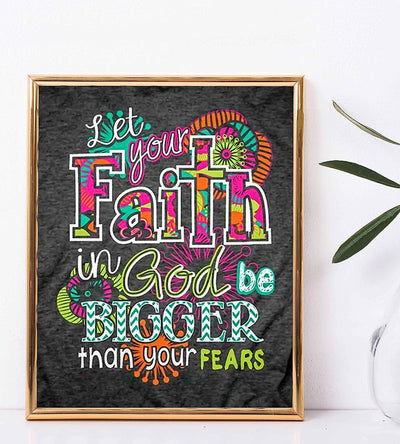 ?Faith In God-Bigger Than Fears?-Inspirational Wall Art Sign-8 x 10" Shabby Chic Abstract Poster Print-Ready to Frame. Home-Bedroom-Office-Dorm-Church D?cor. Perfect Christian Gift for Teens!