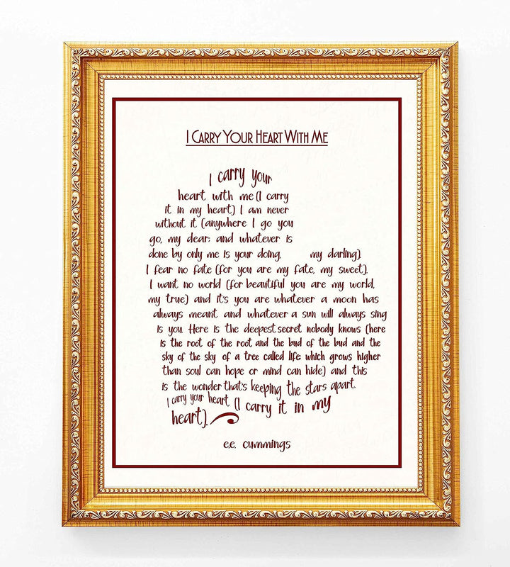E. E. Cummings-"I Carry Your Heart With Me" Poetry Wall Sign-8 x 10" Heart Shaped Word Art Print-Ready To Frame. Home-Bedroom-Office Decor. Romantic Valentine-Wedding Gift! Great for Poetry Fans!