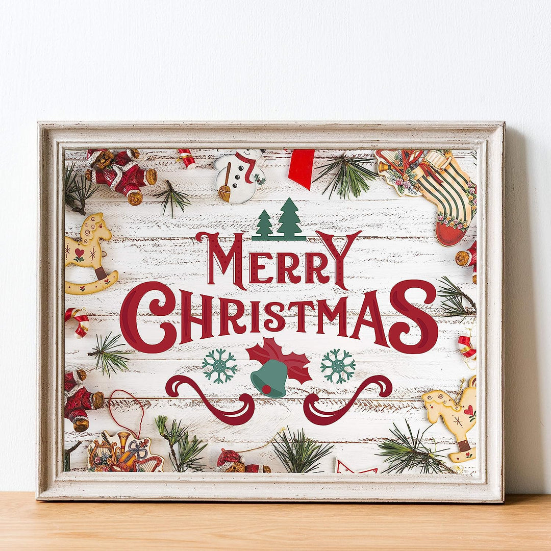 Merry Christmas Rustic Holiday Sign -14 x 11" Festive Christmas Wall Art Print w/Replica Wood Design-Ready to Frame. Typographic Home-Kitchen-Farmhouse-Welcome Decor. Great Gift! Printed on Paper.