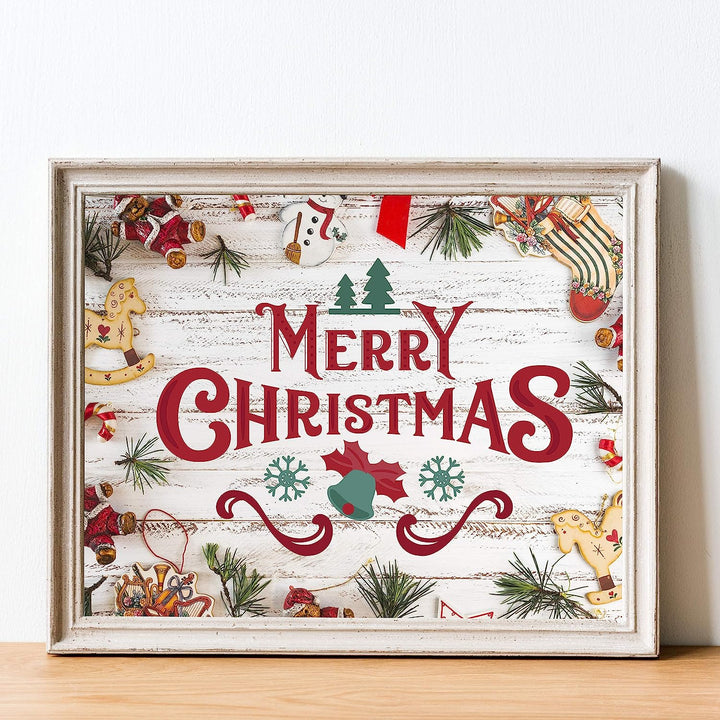 Merry Christmas Rustic Holiday Sign -14 x 11" Festive Christmas Wall Art Print w/Replica Wood Design-Ready to Frame. Typographic Home-Kitchen-Farmhouse-Welcome Decor. Great Gift! Printed on Paper.
