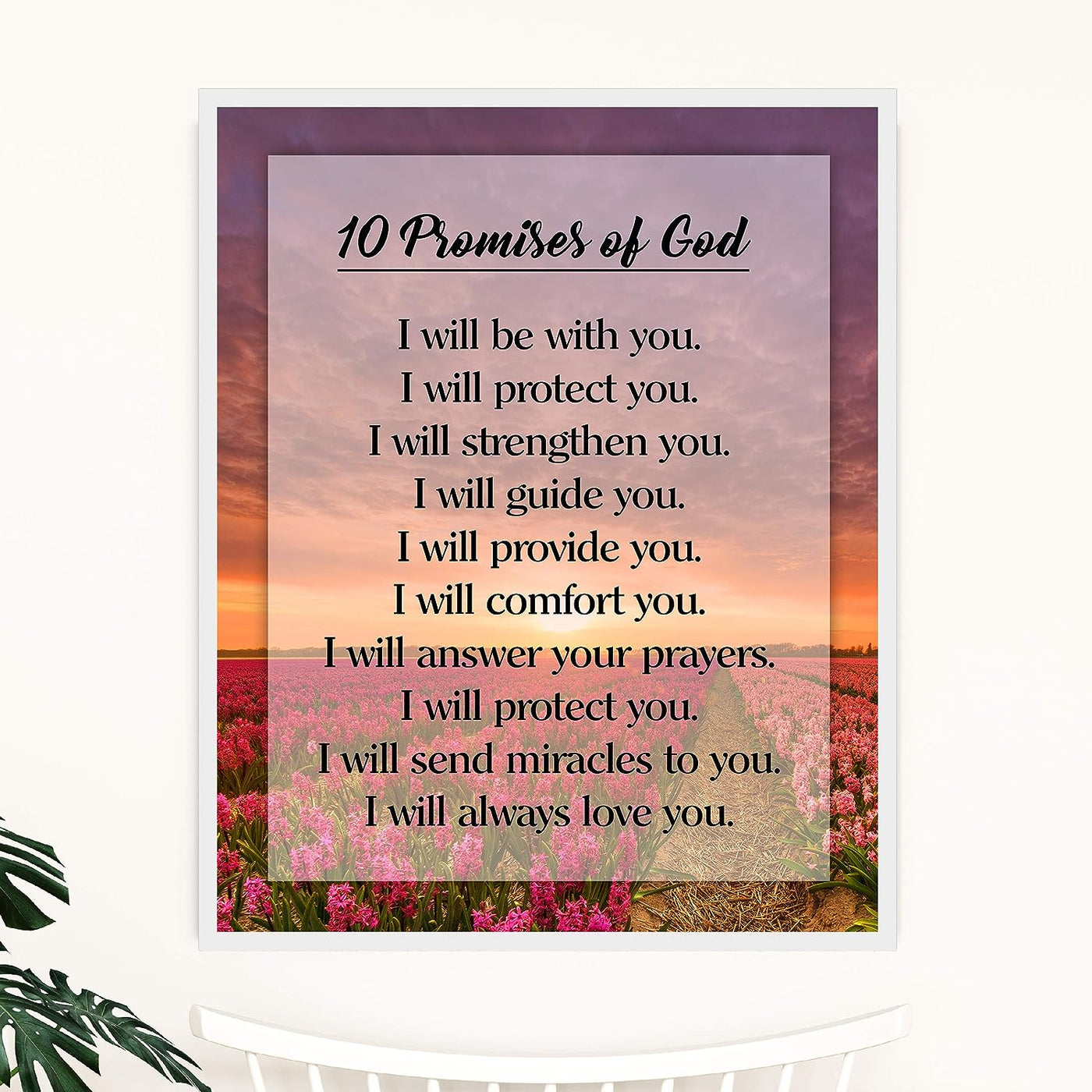 10 Promises of God Motivational Christian Wall Art -11 x 14" Floral Sunrise Print-Ready to Frame. Typographic Design. Inspirational Home-Office-Church-School Decor. Great Religious Gift of Faith!