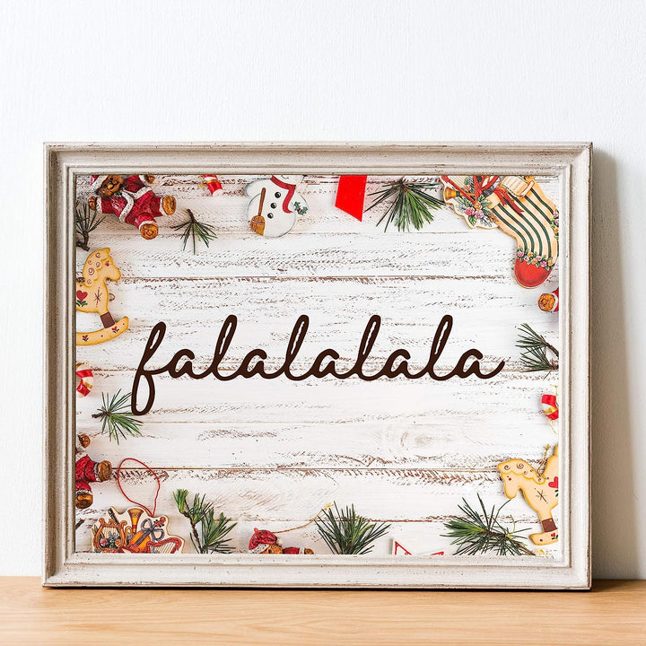 Fa-la-la-la-la Rustic Holiday Sign -14 x 11" Festive Christmas Wall Art Print w/Replica Wood Design-Ready to Frame. Typographic Home-Kitchen-Farmhouse-Welcome Decor. Great Gift! Printed on Paper.