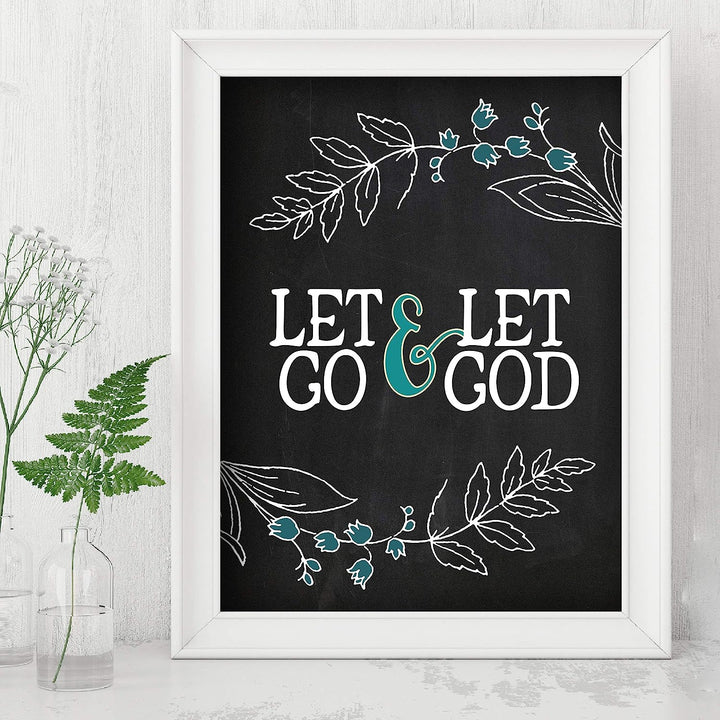 Let Go &amp; Let God Inspirational Quotes Wall Art-8x10" Floral Christian Poster Print-Ready to Frame. Modern Typographic Design. Positive Home-Office-Church Decor. Great Religious Gift! Have Faith!