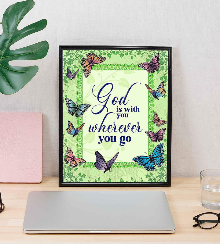 ?God Is With You Wherever You Go" Inspirational Quotes Wall Art-8 x 10" Abstract Floral Poster Print w/Butterflies-Ready to Frame. Christian Decor for Home-Office-Church. God Is Always There!
