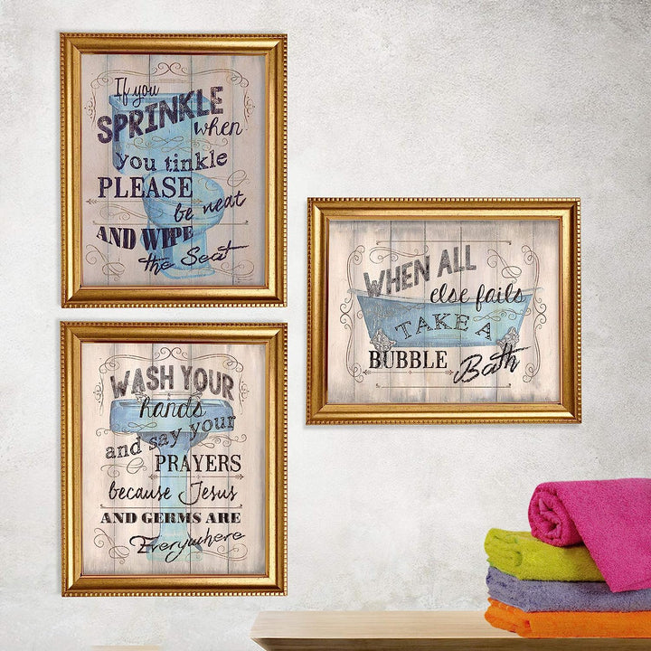Bathroom"Humor" Funny Bathroom Decor Set (3) 8 x10"s Wall Decor. Rustic, Distressed Wall Prints-Ready To Frame."Tinkles, Prayers &amp; Bubbles"-Wood Sign Replicas. Fun Reminders For Kids-Guest Bath.