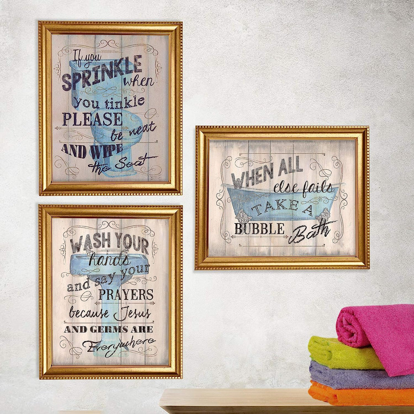 Bathroom"Humor" Funny Bathroom Decor Set (3) 8 x10"s Wall Decor. Rustic, Distressed Wall Prints-Ready To Frame."Tinkles, Prayers & Bubbles"-Wood Sign Replicas. Fun Reminders For Kids-Guest Bath.