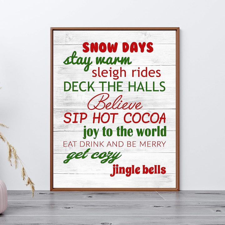 Snow Days-Sleigh Rides-Deck the Halls Rustic Holiday Sign-11 x 14" Festive Christmas Wall Art Print w/Replica Wood Design-Ready to Frame. Typographic Home-Farmhouse-Welcome Decor. Printed on Paper.