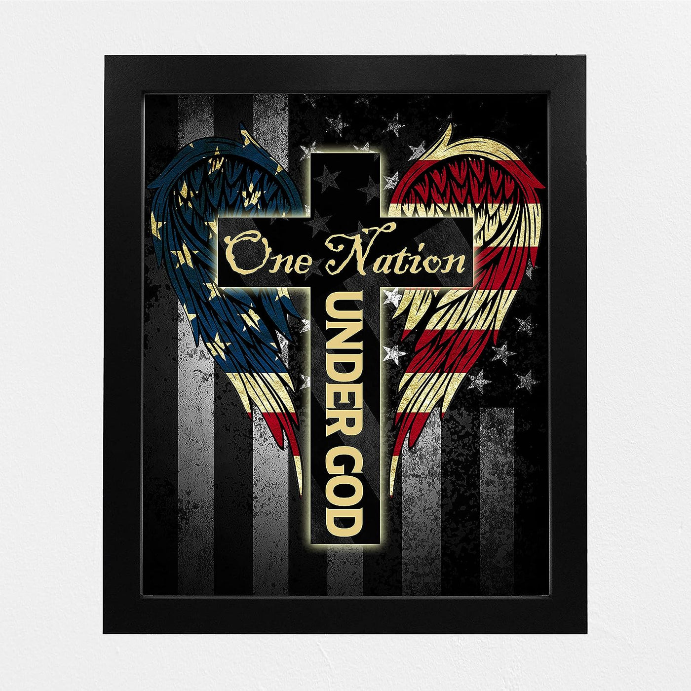 One Nation Under God- Patriotic American Flag Wall Art -8 x 10" Cross with Angel Wings Wall Decor Print -Ready To Frame. Christian Home-Office-Garage-Bar Decor. Show Your Love of God and USA!