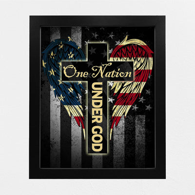 One Nation Under God- Patriotic American Flag Wall Art -8 x 10" Cross with Angel Wings Wall Decor Print -Ready To Frame. Christian Home-Office-Garage-Bar Decor. Show Your Love of God and USA!