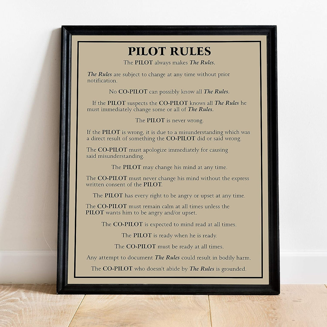 Pilot Rules-Pilot Always Makes The Rules Funny Wall Sign -11 x 14" Typographic Wall Art Print-Ready to Frame. Home-Office-Garage-Cave Decor. Perfect Sign for Plane Hangar! Great Gift for Pilots!