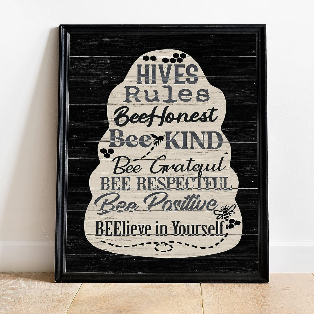 Hives Rules-Bee Honest, Kind- Inspirational Family Wall Sign- 11 x 14" Rustic Bee Hive Wall Art Print -Ready to Frame. Country-Farmhouse Decor for Home-Cabin-Lodge. Great Reminders &amp; Life Lessons!