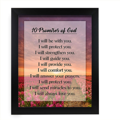 10 Promises of God Motivational Christian Wall Art -11 x 14" Floral Sunrise Print-Ready to Frame. Typographic Design. Inspirational Home-Office-Church-School Decor. Great Religious Gift of Faith!