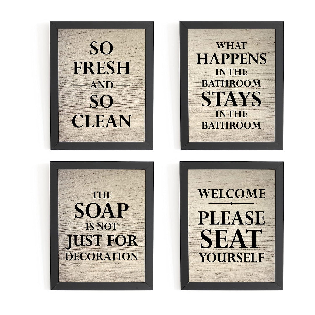 So Fresh So Clean Funny Bathroom Decor-Set of (4)-8 x 10" Wall Prints-Ready to Frame. Humorous Signs-"Welcome-Please Seat Yourself"-"Soap Not Just For Decoration" Fun Home-Guest Bathroom Decor!
