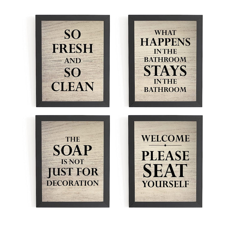 So Fresh So Clean Funny Bathroom Decor-Set of (4)-8 x 10" Wall Prints-Ready to Frame. Humorous Signs-"Welcome-Please Seat Yourself"-"Soap Not Just For Decoration" Fun Home-Guest Bathroom Decor!