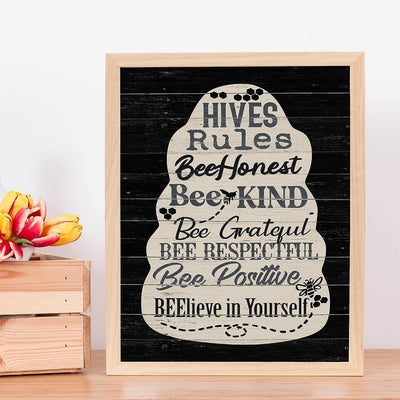 Hives Rules-Bee Honest, Kind- Inspirational Family Wall Sign- 11 x 14" Rustic Bee Hive Wall Art Print -Ready to Frame. Country-Farmhouse Decor for Home-Cabin-Lodge. Great Reminders & Life Lessons!