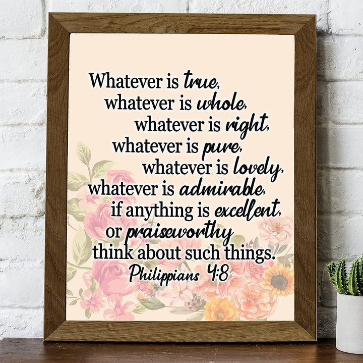 Whatever is Pure-Think About Such Things-Philippians 4:8- Bible Verse Wall Art- 8x10"- Floral Scripture Wall Print-Ready to Frame. Inspirational Home-Office-Church Decor. Perfect Christian Gift!