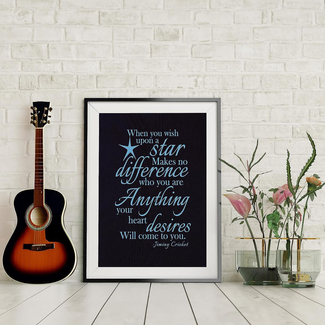 When You Wish Upon a Star -Jiminy Cricket Quotes- Wall Art Decor -8 x 10"-Ready to Frame. Typographic Art Print w/Wood-Grain Design. Inspirational Decor for Home-Office-Studio-Nursery-School.
