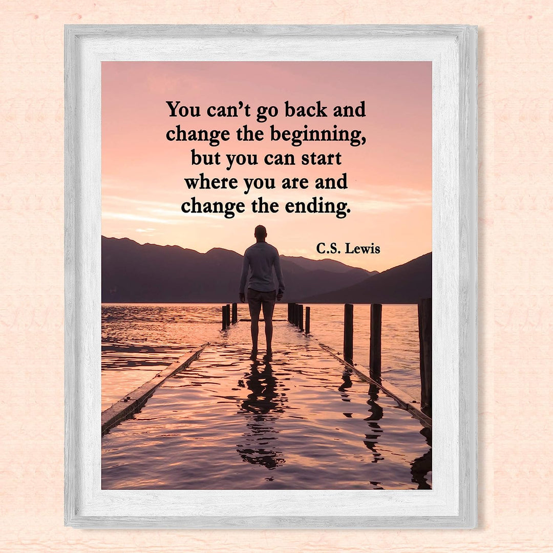 C.S. Lewis Quotes Wall Art-"Start Where You Are &amp; Change the Ending"- 8 x 10" Inspirational Mountain Lake Photo Print-Ready to Frame. Modern Home-Office-School Decor. Great Gift &amp; Life Lesson!