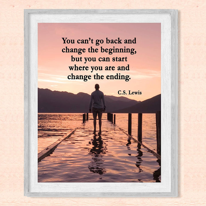 C.S. Lewis Quotes Wall Art-"Start Where You Are &amp; Change the Ending"- 8 x 10" Inspirational Mountain Lake Photo Print-Ready to Frame. Modern Home-Office-School Decor. Great Gift &amp; Life Lesson!