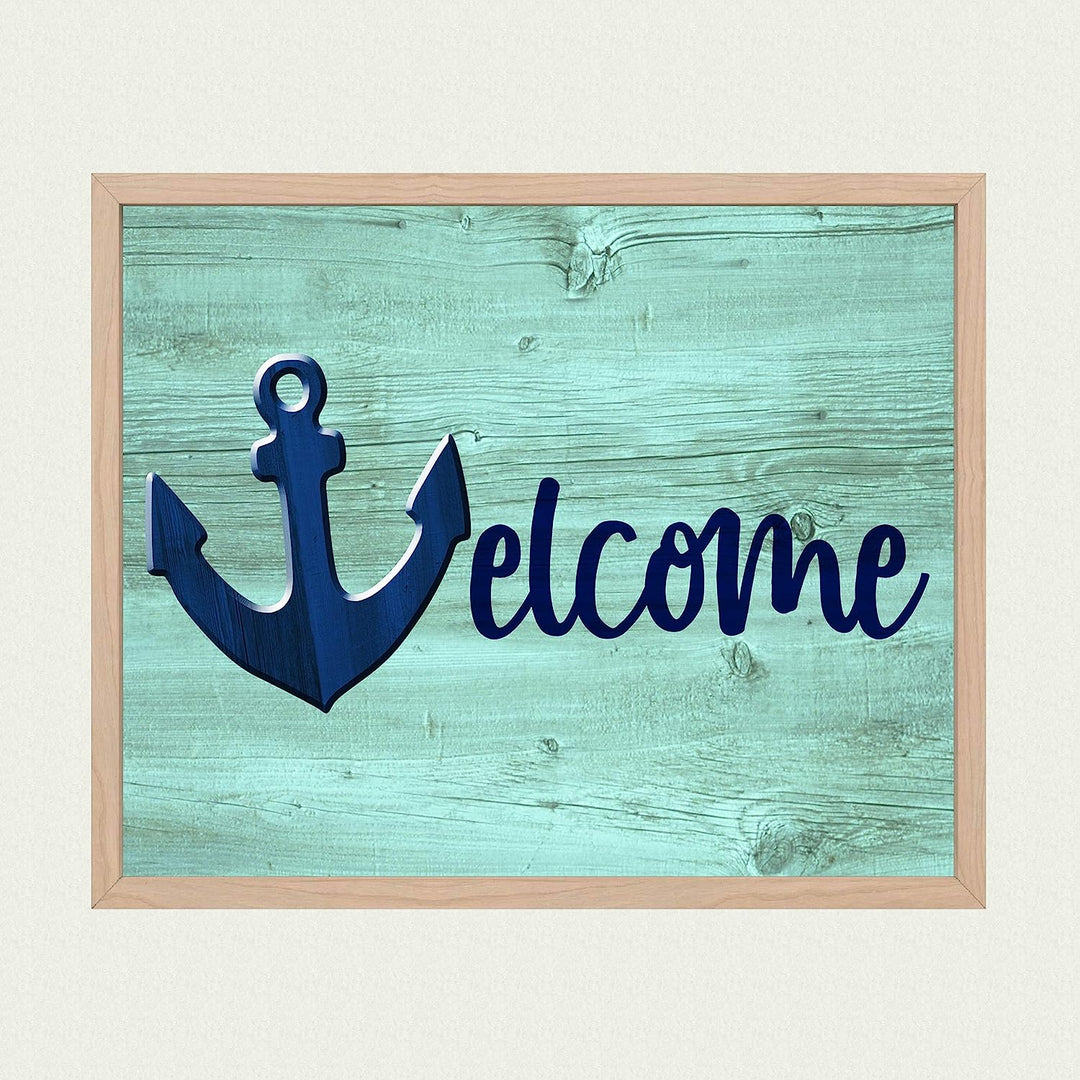 Welcome Rustic Beach Wall Sign -10 x 8" Ocean Themed Anchor Print w/Replica Wood Design-Ready to Frame. Fun Vacation Decor for Home-Cabin-Beach House. Great Nautical Gift! Printed on Photo Paper.