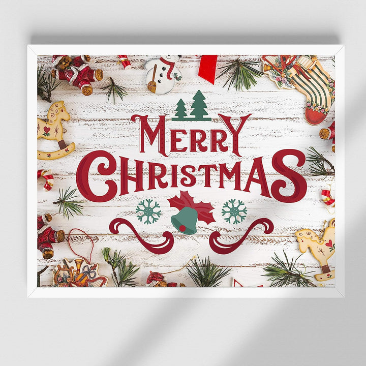 Merry Christmas Rustic Holiday Sign -14 x 11" Festive Christmas Wall Art Print w/Replica Wood Design-Ready to Frame. Typographic Home-Kitchen-Farmhouse-Welcome Decor. Great Gift! Printed on Paper.