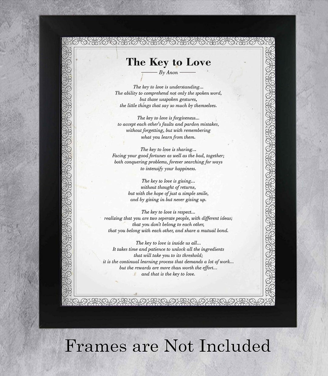 The Key to Love-Romantic Poem Wall Art-11 x 14" Poetic Poster Print w/Distressed Parchment Design-Ready to Frame. Perfect for Spouses, Newlyweds, &amp; BFF&
