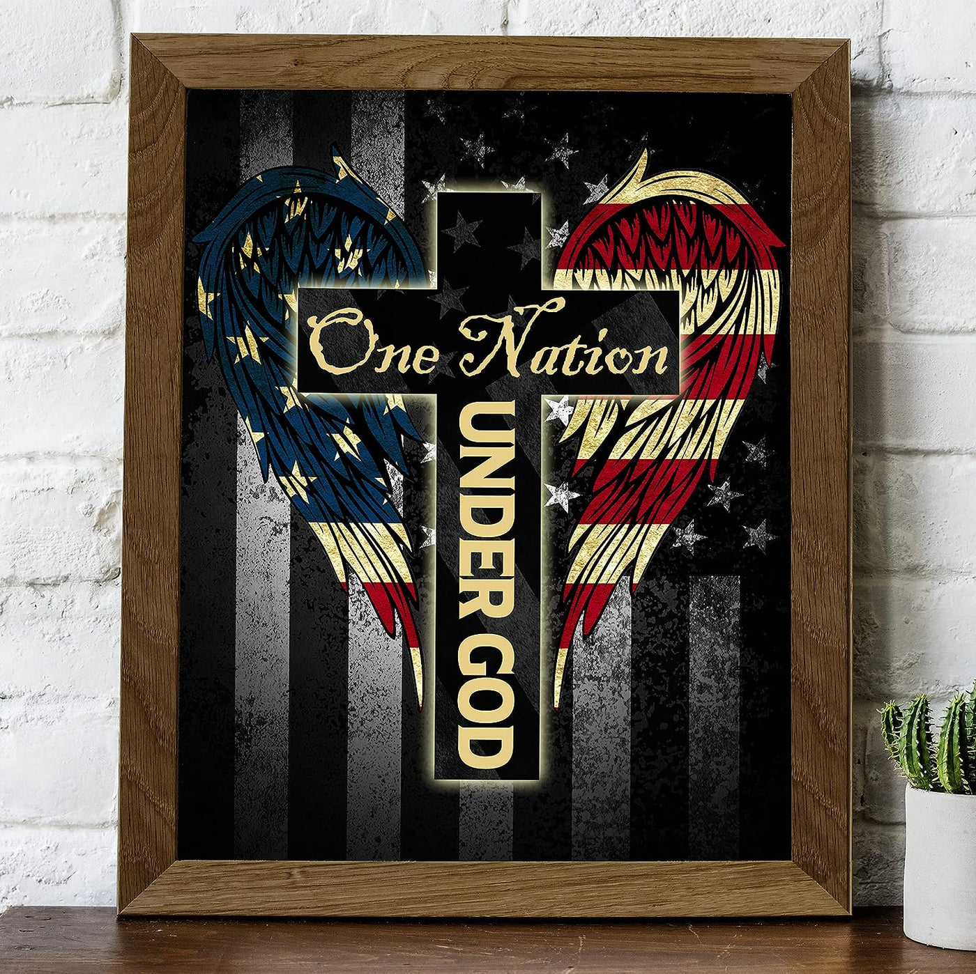 One Nation Under God- Patriotic American Flag Wall Art -8 x 10" Cross with Angel Wings Wall Decor Print -Ready To Frame. Christian Home-Office-Garage-Bar Decor. Show Your Love of God and USA!