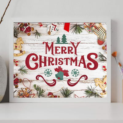 Merry Christmas Rustic Holiday Sign -14 x 11" Festive Christmas Wall Art Print w/Replica Wood Design-Ready to Frame. Typographic Home-Kitchen-Farmhouse-Welcome Decor. Great Gift! Printed on Paper.