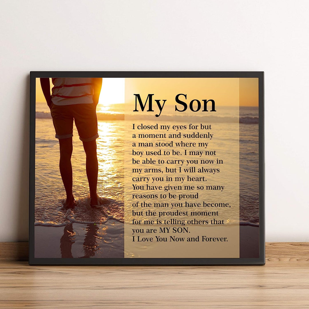 My Son-Love You Now &amp; Forever Inspirational Family Wall Art -10 x 8" Modern Typographic Beach Sunset Print-Ready to Frame. Loving, Heartfelt Message for All Sons. Great Wedding-Graduation Gift!