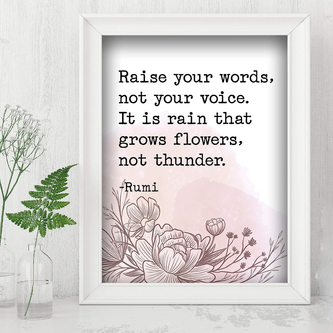 Raise Your Words-Not Your Voice-Rumi Inspirational Quotes Wall Art -8 x 10" Rustic Poster Print-Ready to Frame. Positive Sign for Home-Office-Dorm-Spiritual Decor. Perfect Reminder for Patience!
