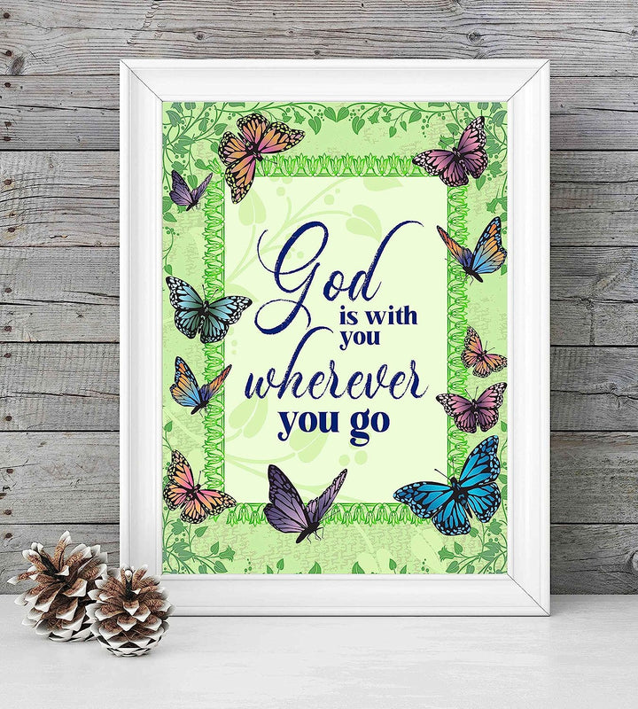 ?God Is With You Wherever You Go" Inspirational Quotes Wall Art-8 x 10" Abstract Floral Poster Print w/Butterflies-Ready to Frame. Christian Decor for Home-Office-Church. God Is Always There!