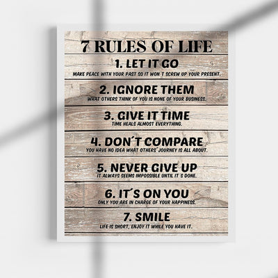 Seven Rules of Life Inspirational Quotes Wall Art-11 x 14" Motivational Poster Print w/Replica Wood Design-Ready to Frame. Home-Office-School Decor. Great for Inspiration! Printed on Photo Paper.