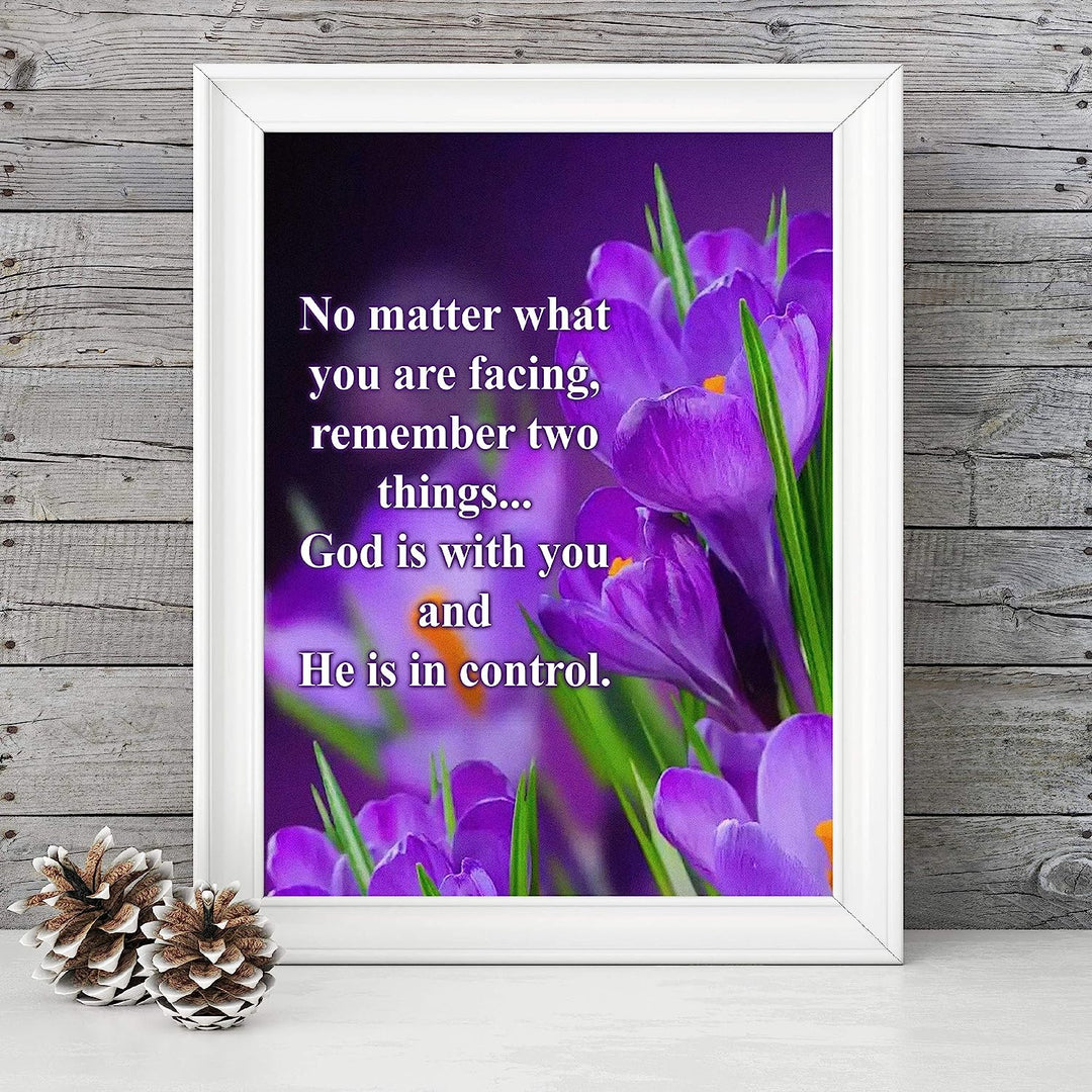God Is With You-He Is in Control Inspirational Quotes Wall Art-8x10" Floral Christian Poster Print-Ready to Frame. Modern Typographic Design. Positive Home-Office-Church Decor. Great Gift of Faith!