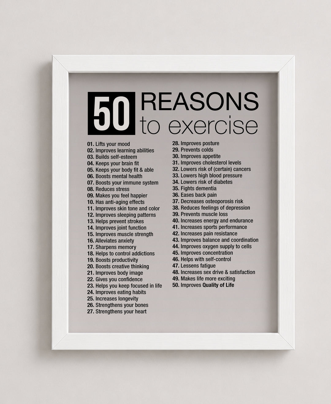 50 Reasons to Exercise Motivational Wall Art