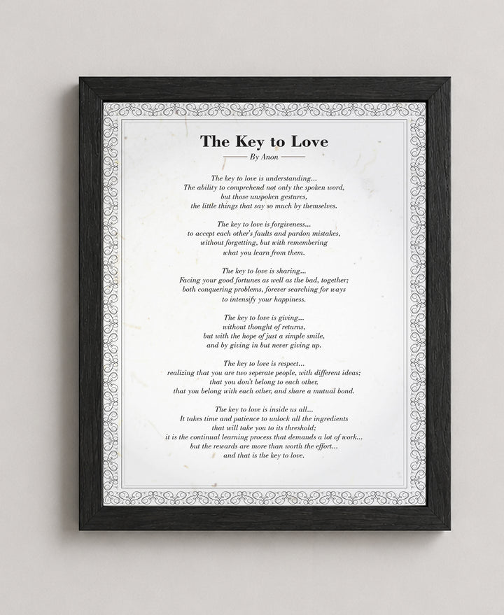 The Key to Love Poem Distressed Romantic Family Inspirational Wall Art