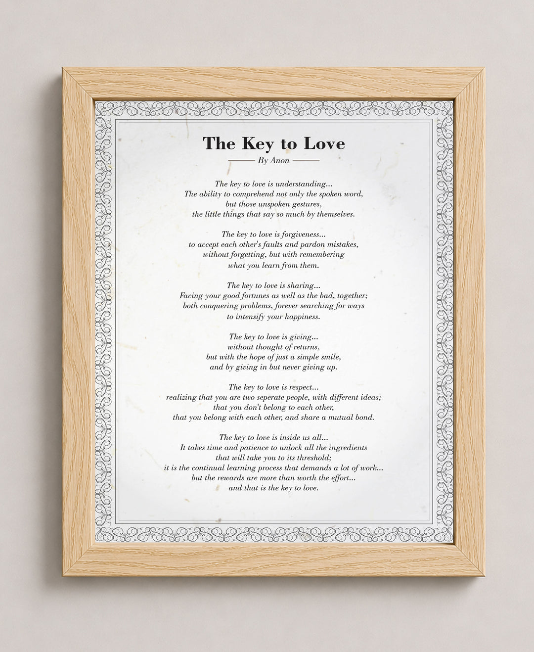The Key to Love Poem Distressed Romantic Family Inspirational Wall Art