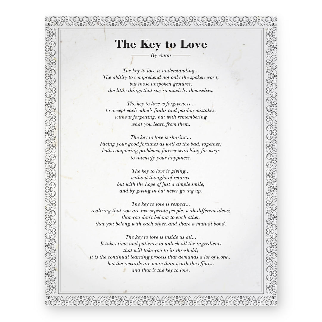 The Key to Love Poem Distressed Romantic Family Inspirational Wall Art