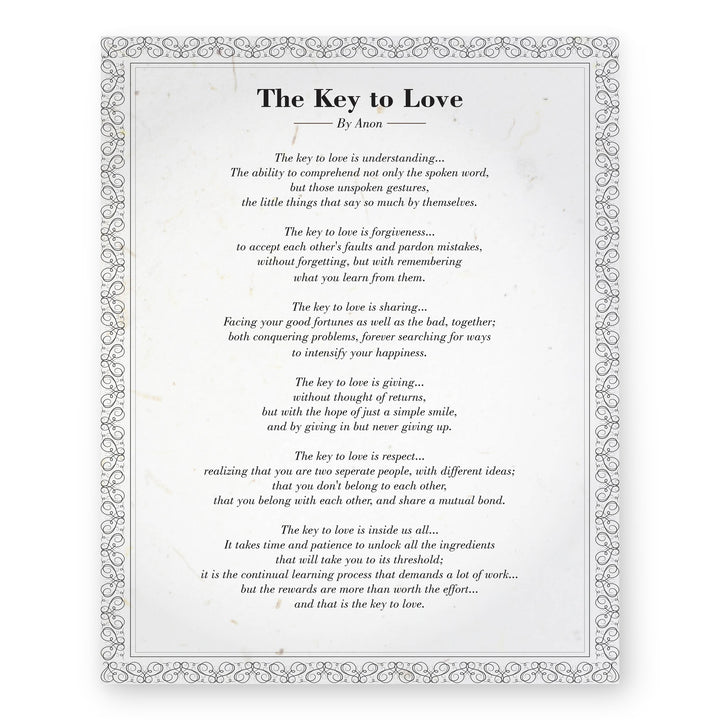 The Key to Love Poem Distressed Romantic Family Inspirational Wall Art