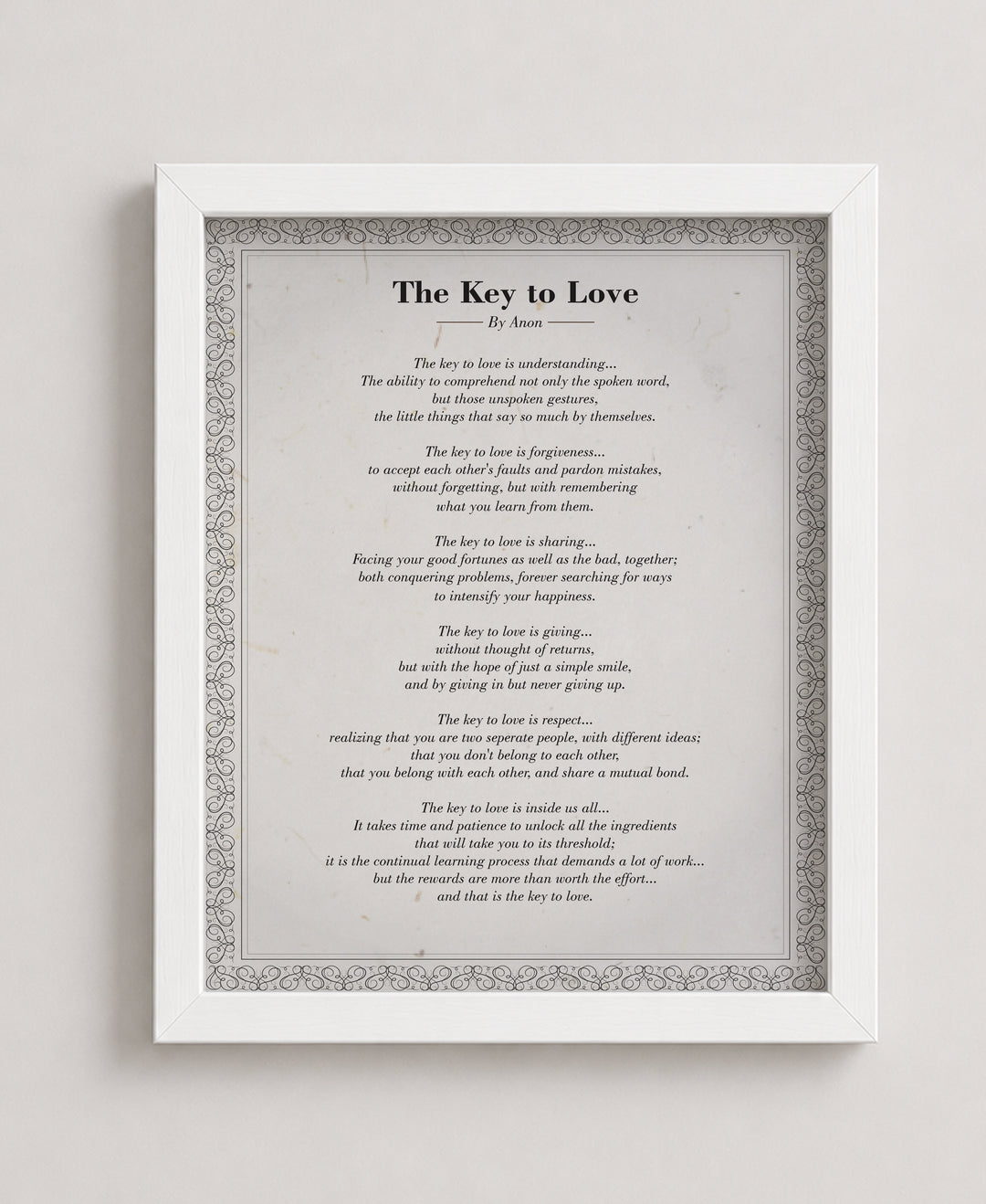 The Key to Love Poem Distressed Romantic Family Inspirational Wall Art