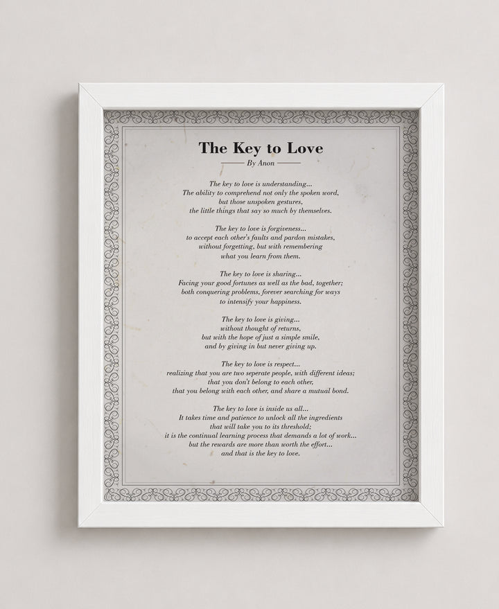 The Key to Love Poem Distressed Romantic Family Inspirational Wall Art